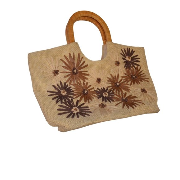 KATY LANDRY Paper Straw with Man Made Materials Pockets Snaps Zip Flowers Tote - Picture 1 of 8